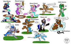 Size: 1023x637 | Tagged: safe, artist:trish forstner, oc, oc only, oc:blank canvas, oc:gari, oc:hoof beatz, oc:jade aurora, oc:mane event, oc:mortarboard, oc:tidbit, earth pony, pegasus, pony, unicorn, bronycon, baltimore orioles, baseball, baseball bat, bipedal, clothes, cloud, hoofevent, magic, playing, popcorn, slapstick, uniform