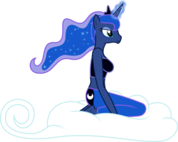 Size: 8000x6400 | Tagged: safe, artist:parclytaxel, princess luna, alicorn, anthro, g4, .svg available, absurd resolution, clothes, cloud, female, jeans, kneeling, magic, riding, simple background, smiling, solo, tank top, transparent background, vector