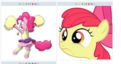 Size: 551x294 | Tagged: safe, apple bloom, pinkie pie, derpibooru, g4, cheerleader, exploitable meme, juxtaposition, juxtaposition win, meme, meta