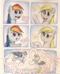 Size: 1072x1324 | Tagged: dead source, safe, artist:thefriendlyelephant, derpy hooves, rainbow dash, pegasus, pony, g4, angry, cloud, comic, confused, duo, female, get off my cloud, hotel mario, mare, rainbow dash is not amused, smiling, song reference, the rolling stones, traditional art, unamused