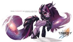 Size: 1600x924 | Tagged: safe, artist:xennos, twilight sparkle, alicorn, pony, trinity: rebirth, alternate hairstyle, armor, badass, corrupted, crown, epic, evil, female, galaxy, grammar error, looking at you, looking back, mare, misspelling, newbie artist training grounds, nightmare, older, raised hoof, raised leg, simple background, solo, theory, twibutt, twilight sparkle (alicorn), tyrant sparkle, wallpaper