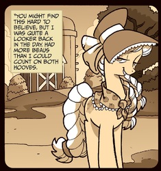 Size: 637x678 | Tagged: safe, artist:tonyfleecs, granny smith, earth pony, pony, g4, idw, spoiler:comic, spoiler:comicff9, bedroom eyes, bonnet, female, grin, looking at you, mare, sepia, smiling, solo, young granny smith, younger