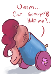 Size: 700x1017 | Tagged: artist needed, safe, pinkie pie, earth pony, pony, g4, butt, buttstuck, dialogue, drawthread, female, mare, party cannon, plot, pony cannonball, solo, stuck