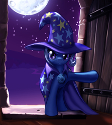 Size: 1248x1402 | Tagged: safe, artist:harwick, trixie, pony, unicorn, g4, door, female, frown, glare, mare, moon, night, solo