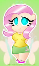 Size: 1363x2252 | Tagged: safe, artist:aleximusprime, fluttershy, human, g4, breasts, busty fluttershy, chibi, clothes, female, humanized, skirt, solo