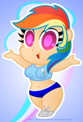 Size: 1450x2122 | Tagged: safe, artist:aleximusprime, rainbow dash, human, g4, belly button, breasts, chibi, clothes, female, humanized, midriff, solo