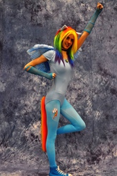 Size: 2848x4288 | Tagged: safe, artist:rose-maire517, rainbow dash, human, g4, converse, cosplay, irl, irl human, leotard, photo, sneakers