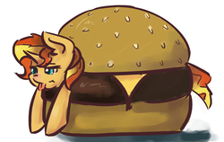 Size: 1280x808 | Tagged: safe, artist:just-as-requested, sunset shimmer, pony, unicorn, g4, :p, bacon hair, bread, burger, cheese, cheeseburger, female, food, hamburger, ponies in food, sliced cheese, solo, sunset shimmer dressing up as food, tongue out