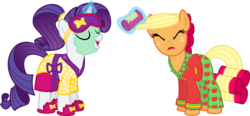 Size: 8809x4102 | Tagged: safe, artist:claritea, applejack, rarity, earth pony, pony, unicorn, g4, absurd resolution, bathrobe, clothes, duo, duo female, female, hair curlers, magic, mare, mud mask, nightgown, pajamas, robe, simple background, sleep mask, slippers, transparent background, vector