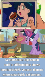 Size: 1226x2092 | Tagged: safe, screencap, coco crusoe, twilight sparkle, alicorn, pony, g4, twilight time, female, food, hay burger, image macro, mare, meme, meta, mizuno ami, sailor mercury, sailor moon (series), that pony sure does love burgers, twilight burgkle, twilight slobble, twilight sparkle (alicorn)