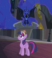 Size: 960x1080 | Tagged: safe, edit, screencap, nightmare moon, twilight sparkle, alicorn, pony, g4, princess twilight sparkle (episode), season 4, animated, castle, castle of the royal pony sisters, eclipse, fear, female, flashback, hate, looking at each other, mare, offscreen character, pov, sneer, solar eclipse, twilight sparkle (alicorn)