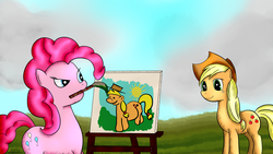 Size: 1920x1080 | Tagged: safe, artist:katsu, applejack, pinkie pie, g4, apejak, brush, cloud, cloudy, drawing, grass, hat, painting, pinkie's painting, shipping