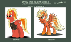Size: 1255x744 | Tagged: safe, artist:ruhisu, oc, oc only, oc:brave wing, oc:wild tempest, pegasus, pony, clothes, daughter, draw this again, female, jacket, mare, medal, pilot, redesign, smiling, solo