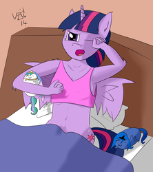 Size: 4000x4500 | Tagged: safe, artist:void236, princess celestia, princess luna, twilight sparkle, anthro, g4, chubbie, morning ponies, sleepy, twilight sparkle (alicorn), waking up