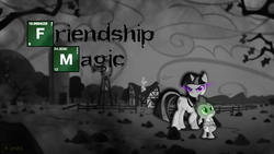 Size: 1920x1080 | Tagged: safe, artist:r4inbowbash, artist:regolithx, artist:twiddlechimp, spike, twilight sparkle, dragon, pony, unicorn, g4, breaking bad, glowing eyes, monochrome, neo noir, parody, partial color, rock farm, sign, unicorn twilight, vector, wallpaper