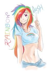 Size: 533x800 | Tagged: safe, artist:myth1c, rainbow dash, human, g4, belly button, female, hair over one eye, humanized, midriff, solo