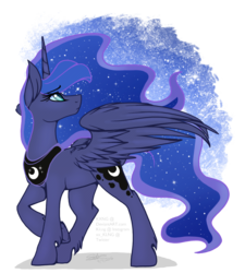 Size: 1021x1133 | Tagged: safe, artist:imperiumn, artist:xxklng, princess luna, g4, female, looking back, looking up, solo, spread wings, unshorn fetlocks