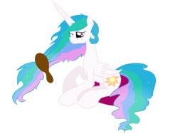 Size: 2048x1536 | Tagged: safe, artist:bratzoid, princess celestia, alicorn, pony, g4, brush, female, mare, messy mane, missing accessory, morning ponies, pillow, simple background, sitting, solo, transparent background, wink