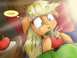 Size: 1600x1200 | Tagged: safe, artist:jcosneverexisted, applejack, pony, g4, alarm clock, apple, bed, bloodshot eyes, fail, female, funny, loose hair, messy mane, morning ponies, oops, pica, silly, silly pony, solo, that pony sure does love apples, this will end in tears, waking up, who's a silly pony