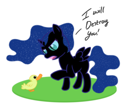 Size: 2735x2324 | Tagged: safe, artist:iraincloud, nightmare moon, alicorn, duck, pony, g4, cute, female, filly, frown, glare, high res, missing accessory, nightmare woon, open mouth, pointing, simple background, solo, transparent background, vector