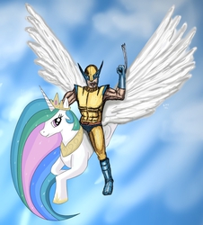 Size: 800x884 | Tagged: safe, princess celestia, human, g4, crossover, flying, mutant, riding, wolverine, x-men