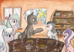 Size: 2317x1634 | Tagged: safe, artist:souleatersaku90, cloudchaser, diamond tiara, flitter, rumble, thunderlane, earth pony, pegasus, pony, g4, blushing, cake, colt, fanfic, fanfic art, female, filly, male, mare, stallion, table, the simple life, traditional art, wonderbolts poster