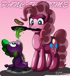 Size: 550x592 | Tagged: safe, artist:xjkenny, pinkie pie, spike, g4, cooking, dragonfire, fire, mouth hold, pan, pancakes