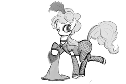 Size: 1000x667 | Tagged: safe, artist:dovne, pinkie pie, earth pony, pony, g4, over a barrel, clothes, dress, female, fishnet stockings, grayscale, leg warmers, mare, monochrome, one eye closed, pantyhose, raised leg, saloon dress, saloon pinkie, simple background, solo, white background, wink
