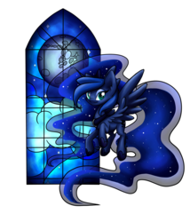 Size: 1024x1197 | Tagged: dead source, safe, artist:arcadianphoenix, princess luna, g4, female, flying, smiling, solo, stained glass