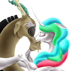 Size: 2000x2000 | Tagged: safe, artist:mindmendereoin, discord, princess celestia, alicorn, draconequus, pony, g4, curved horn, female, high res, horn, kissing, male, ship:dislestia, shipping, simple background, straight, white background