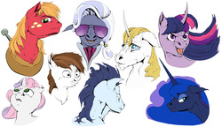 Size: 5850x3375 | Tagged: safe, artist:mindmendereoin, big macintosh, hoity toity, pipsqueak, prince blueblood, princess luna, soarin', sweetie belle, twilight sparkle, earth pony, pony, g4, curved horn, hoers, horn, male, stallion, sunglasses