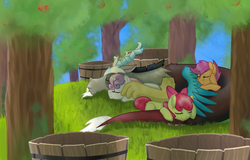 Size: 1875x1200 | Tagged: safe, artist:psychotwi, apple bloom, discord, scootaloo, sweetie belle, g4, cutie mark crusaders, grass, sleeping, tree