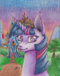 Size: 1699x2142 | Tagged: safe, artist:rmcas125, twilight sparkle, alicorn, pony, g4, ear fluff, female, mare, new crown, smiling, solo, traditional art, twilight sparkle (alicorn), twilight's castle