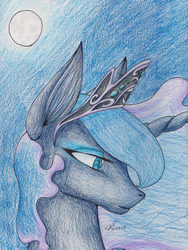 Size: 1674x2224 | Tagged: safe, artist:rmcas125, princess luna, g4, female, moon, smiling, solo, traditional art