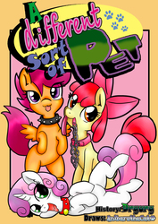 Size: 1240x1748 | Tagged: safe, artist:anibaruthecat, apple bloom, scootaloo, sweetie belle, earth pony, pegasus, pony, unicorn, comic:a different sort of pet, g4, collar, comic, comic cover, cover, cover art, cutie mark crusaders, eye clipping through hair, female, filly, foal, leash, looking at you, mouth hold, open mouth, open smile, pet play, pet tag, scootapet, smiling, smiling at you, tongue out