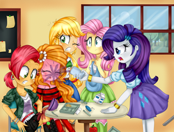 Size: 3828x2909 | Tagged: safe, artist:lucy-tan, idw, applejack, babs seed, fluttershy, rarity, sunflower (g4), equestria girls, g4, babsbuse, clothes, hatless, high res, missing accessory