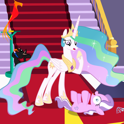 Size: 1635x1635 | Tagged: safe, artist:magerblutooth, diamond tiara, philomena, princess celestia, oc, oc:dazzle, cat, phoenix, g4, fainting goat, wide eyes