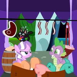 Size: 894x894 | Tagged: safe, artist:magerblutooth, diamond tiara, spike, oc, oc:dazzle, cat, dragon, earth pony, pony, g4, bacon, carnivore, female, filly, foal, ham, herbivore vs carnivore, male, meat, meat tent, spike don't care about meat, steak