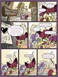 Size: 950x1250 | Tagged: safe, artist:slitherpon, apple bloom, scootaloo, sweetie belle, earth pony, pony, unicorn, moody mark crusaders, g4, alternate universe, bandage, butt, comic, cutie mark crusaders, deflating hair, female, filly, foal, hoofington, plot, pomf, sweetiedumb