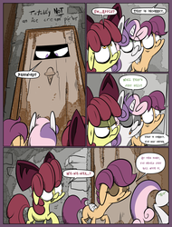 Size: 1235x1625 | Tagged: safe, artist:slitherpon, apple bloom, scootaloo, sweetie belle, earth pony, pegasus, pony, unicorn, moody mark crusaders, g4, alternate universe, bandage, comic, cutie mark crusaders, female, filly, password, suspiciously specific denial, sweetiedumb