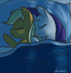 Size: 732x748 | Tagged: safe, artist:draneas, applejack, rarity, g4, 30 minute art challenge, bed, female, lesbian, ship:rarijack, shipping, sleeping