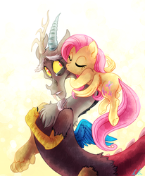 Size: 875x1062 | Tagged: safe, artist:c-puff, discord, fluttershy, draconequus, pegasus, pony, g4, butt, cheek kiss, chest fluff, comforting, crying, cute, digital art, discute, eyes closed, female, fluffy, flutterbutt, flying, frown, hand on chest, heartwarming, hug, kissing, male, mare, plot, sad, ship:discoshy, shipping, shyabetes, signature, straight, sweet dreams fuel