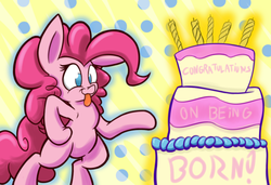 Size: 500x341 | Tagged: safe, artist:heir-of-rick, pinkie pie, g4, birthday, cake, female, happy birthday, impossibly large ears, solo, tongue out