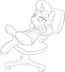 Size: 722x802 | Tagged: safe, artist:mcsadat, sweetie belle, g4, chair, clothes, female, lineart, monochrome, office chair, solo, suit