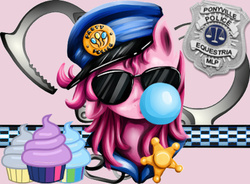 Size: 425x313 | Tagged: safe, artist:xioade, edit, pinkie pie, g4, alternate hairstyle, bubble, bubblegum, clothes, costume, female, food, gum, looking at you, police, portrait, solo, sunglasses