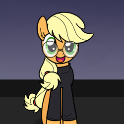 Size: 555x555 | Tagged: safe, artist:drawponies, applejack, earth pony, pony, g4, apple, clothes, female, glasses, macintosh (computer), smiling, solo, steve jobs, sweater, turtleneck