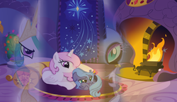 Size: 900x521 | Tagged: safe, artist:fallingrain22, nightmare moon, princess celestia, princess luna, g4, cewestia, comforting, cute, filly, fireplace, floppy ears, hug, prone, winghug, woona