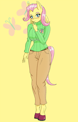 Size: 600x944 | Tagged: safe, artist:deusexequus, artist:tiberius, fluttershy, anthro, unguligrade anthro, g4, breasts, busty fluttershy, clothes, female, simple background, solo, sweatershy, yellow background