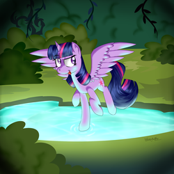 Size: 2000x2000 | Tagged: safe, artist:notenoughapples, twilight sparkle, alicorn, pony, g4, female, high res, lake, mare, solo, spread wings, tongue out, twilight sparkle (alicorn), water