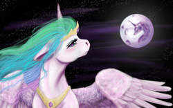 Size: 2520x1575 | Tagged: safe, artist:cathykitcat, princess celestia, g4, crying, female, floppy ears, mare in the moon, moon, solo, spread wings